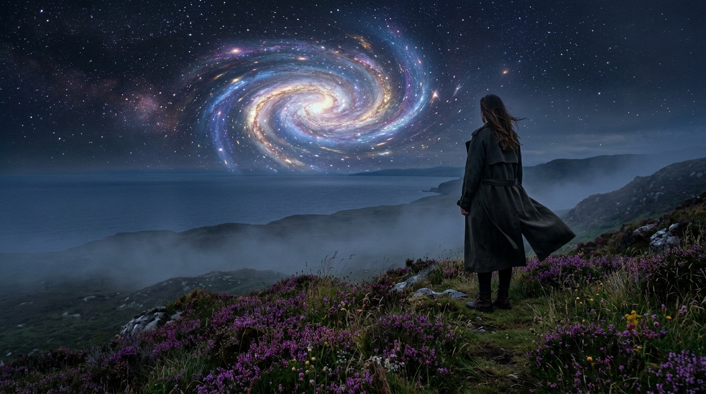 Atmospheric landscape with cosmic swirl